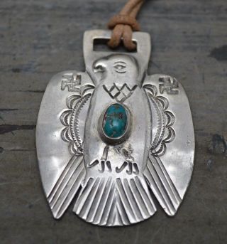 Navajo Vtg Old Pawn Fred Harvey Watch Fob Turquoise Thunderbird Whirling Log