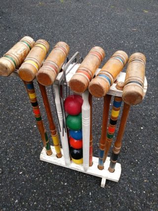 Vintage Wood Ball Croquet Set & Stand - 6 Player - Homemade On A Lathe.