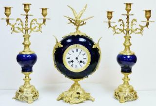 Antique French 8 Day Blue Glazed Porcelain & Bronze Mantel Clock Candelabras Set