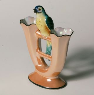 Rare Vintage Art Deco Noritake Double Flute Vase - Large Figural Bird - Caramel