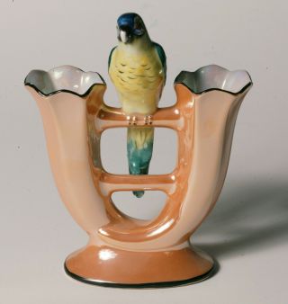 RARE Vintage Art Deco NORITAKE DOUBLE FLUTE VASE - Large Figural Bird - Caramel 2