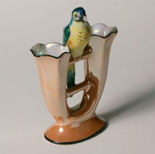 RARE Vintage Art Deco NORITAKE DOUBLE FLUTE VASE - Large Figural Bird - Caramel 3