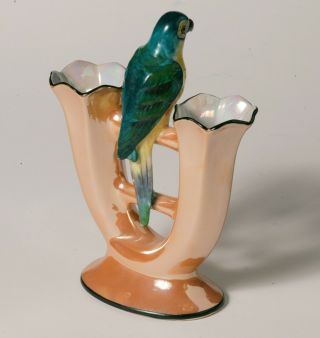 RARE Vintage Art Deco NORITAKE DOUBLE FLUTE VASE - Large Figural Bird - Caramel 4