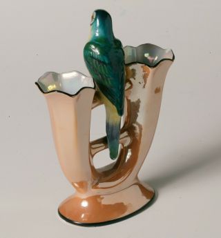 RARE Vintage Art Deco NORITAKE DOUBLE FLUTE VASE - Large Figural Bird - Caramel 5
