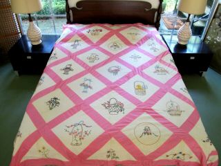 Vintage Cotton Hand Embroidered Quilt Top Duckling In Basket,  Butterflies & More