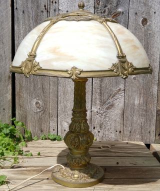 Antique H.  A.  Best Lamp Co.  2 Socket Gold 5 Panel Caramel Slag Glass Table Lamp