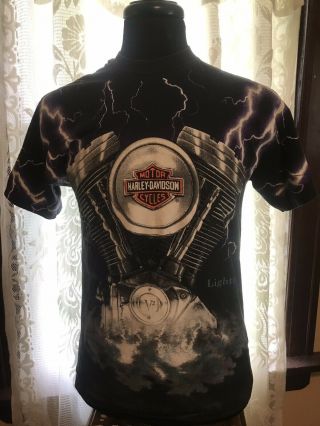 Vtg Harley Davidson Thunder And Lightning All Over Print Tshirt Rk Stratman Med