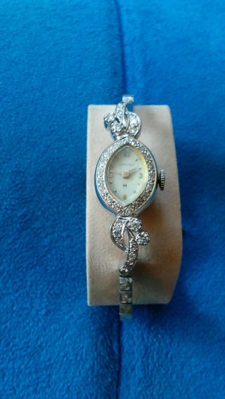 Fine Antique Vintage 14k White Gold And Diamond Hamilton Ladies Watch Bracelet