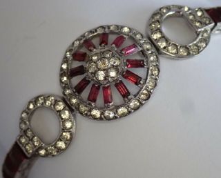 Vintage Art Deco Sterling Silver Ruby Red Crystal Rhinestone Bracelet