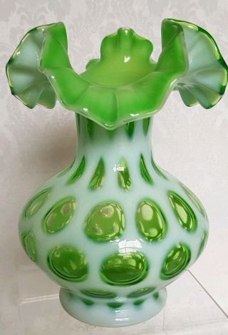 Rare Vintage Fenton 7” Opalescent Green Coin Dot Spot Ruffle Vase