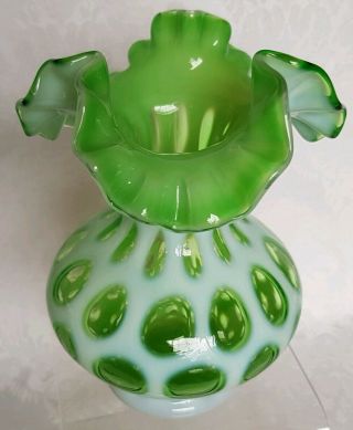 RARE Vintage Fenton 7” Opalescent Green Coin Dot Spot Ruffle Vase 2