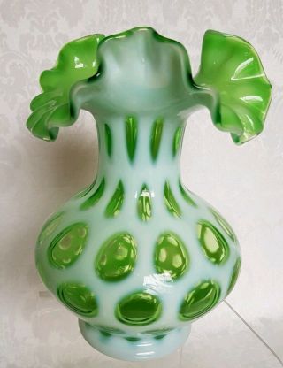 RARE Vintage Fenton 7” Opalescent Green Coin Dot Spot Ruffle Vase 3