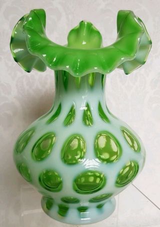 RARE Vintage Fenton 7” Opalescent Green Coin Dot Spot Ruffle Vase 4