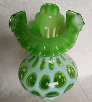 RARE Vintage Fenton 7” Opalescent Green Coin Dot Spot Ruffle Vase 5