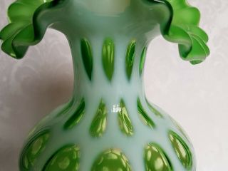RARE Vintage Fenton 7” Opalescent Green Coin Dot Spot Ruffle Vase 7