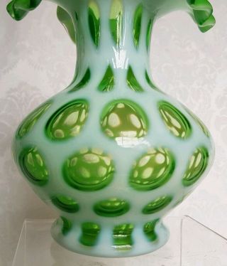 RARE Vintage Fenton 7” Opalescent Green Coin Dot Spot Ruffle Vase 8
