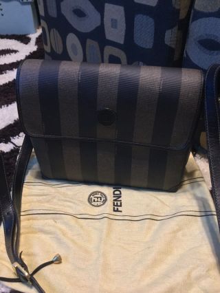 Authentic Fendi Vintage Pequin Striped Canvas W/ Leather Messenger Crossbody Bag