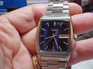 Vintage Mans Seiko Quartz Watch Rectangular S/s Case Blue Dial 7546 - 5010 Mo