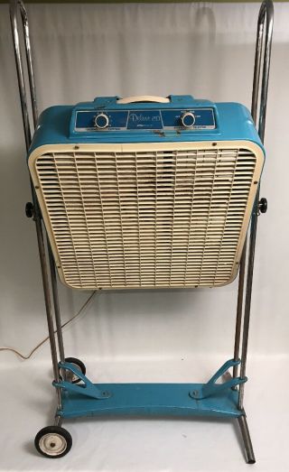 Vintage Kmart Deluxe 20 22 " Box Fan W/ Wheel Stand & Thermostat Metal Blue P - 40