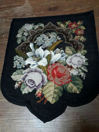 Antique Beadwork Panel Victorian Tapestry Banner Floral Rose Lily Vintage