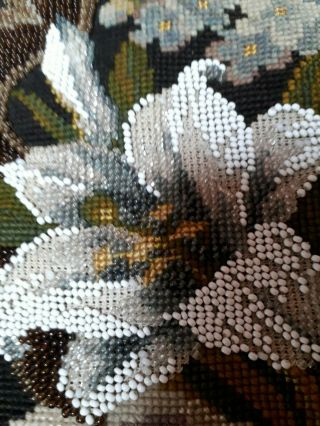 ANTIQUE BEADWORK PANEL VICTORIAN TAPESTRY BANNER FLORAL ROSE LILY VINTAGE 2