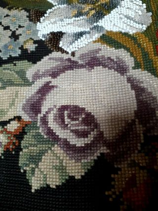 ANTIQUE BEADWORK PANEL VICTORIAN TAPESTRY BANNER FLORAL ROSE LILY VINTAGE 7