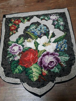 ANTIQUE BEADWORK PANEL VICTORIAN TAPESTRY BANNER FLORAL ROSE LILY VINTAGE 8
