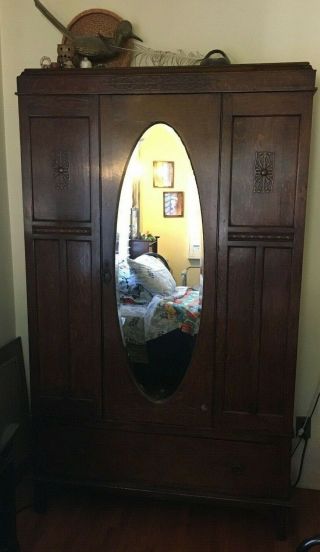 Antique Oak Wardrobe/ Armoire With Center Mirror And Large Bottom Drawer
