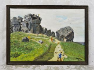 Vintage Mid Century Naive Folk Art Oil Painting Of Hikers Mount Katahdin Maine