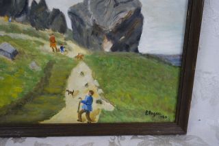 Vintage Mid Century Naive Folk Art Oil Painting of Hikers Mount Katahdin Maine 3