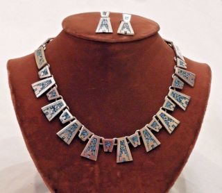 Vintage Mexican Sterling Silver & Crushed Turquoise Necklace & Matching Earrings