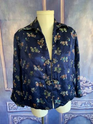 The Best Co Vintage Embroidered Chinese Jacket L/xl Tea Toile Frog Knots Navy