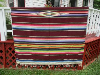 Vintage Finely Woven Wool Mexican Saltillo Blanket Deep Red 93 " X 64 "