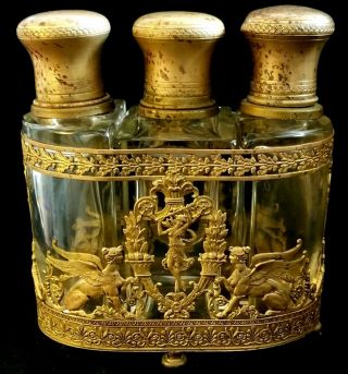 3 Set Antique French Crystal Scent Bottles In Brass Tantalus (1800s))