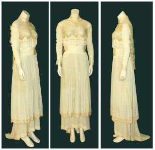 Antique Titanic Edwardian Vtg Silk Chiffon Lace Wedding Dress Gown Train Museum