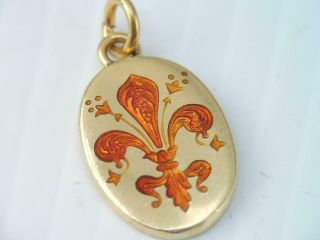 Vintage Solid 18k Gold Guilloche Enamel Fleur Di Lis Charm Pendant
