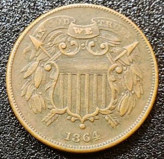 ☆very Rare 1864 Two Cent Piece,  Small Motto,  Xf,  ☆