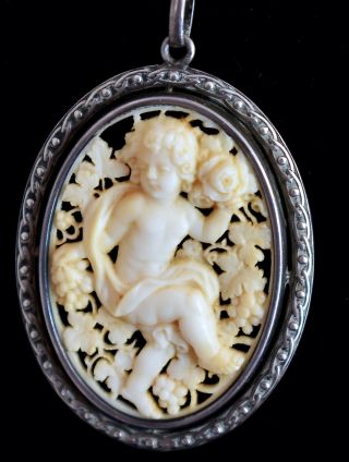 Stunning Antique Victorian 800 Silver Hand Carved Cherub Pendant Necklace