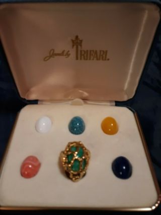 Vtg Crown Trifari Gold Tone Dome Abstract Ring With 6 Interchangeable Stones 7
