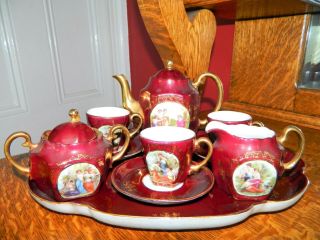 Vintage Angelica Kauffman Hand Painted Tea Set With Tray Creamer Sugar Pot Cups