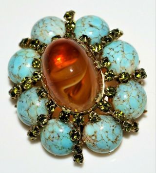 Vintage Schreiner Turquoise & Amber Art Glass Rhinestone Brooch Pendant