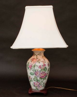 Vintage Chinese Hand Painted Ceramic Vase Table Lamp Floral