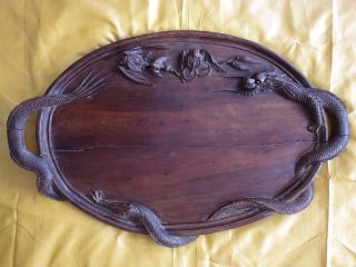 Rare Antique Chinese Wood Tray - Dragon And Bats - With A Mark 23 1/2 " By 15 "