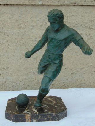 Vintage Art Deco French Bronzed Spelter Football Figure On Marble Base