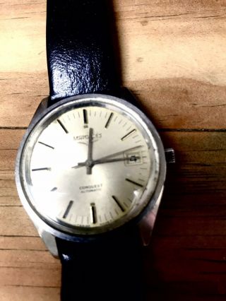 Vintage Longines Conquest Automatic Watch.  Black Leather Strap