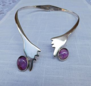 Vintage Taxco 925 Sterling Silver Amethyst Modernist Hinged Collar Necklace