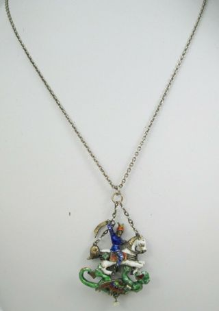 Antique Austro - Hungarian St Saint George & The Dragon Silver Enamel Necklace