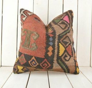One - Of - A - Kind Handmade Vintage Boho Kilim Pillow Cover 16x16