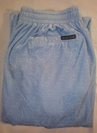 Vintage 90 ' s Gucci Baby Blue Monogrammed Velour Track Suit Pants 2XL 8