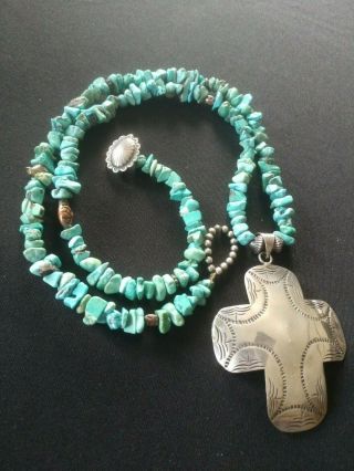 Vintage Turquoise Large Sterling Silver Cross Necklace With Sterling Fetish